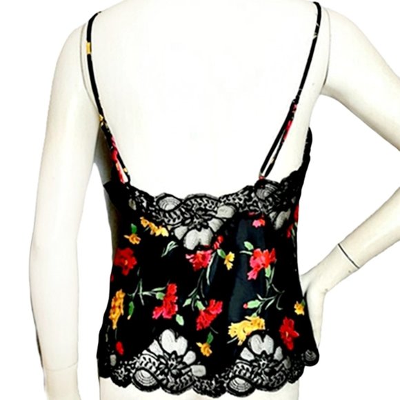 1990s Vintage Black Flowers & Lace Camisole Slip Top By Oscar De La Renta NWOTs - Picture 3 of 8